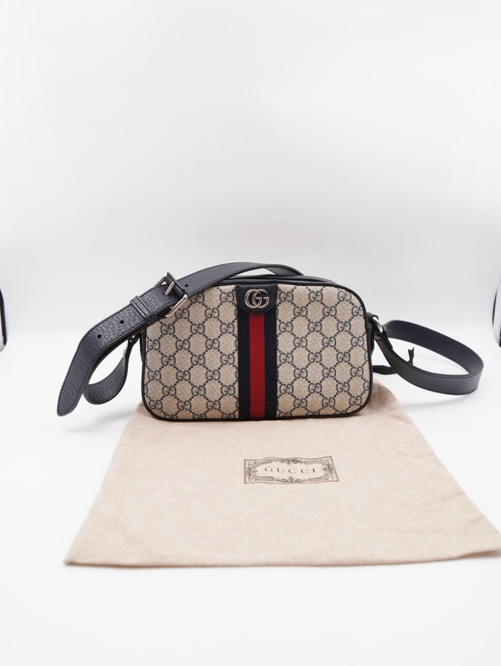 CO66 💟 Gucci GG Supreme Monogram Calfskin Web Small Ophidia Camera Bag